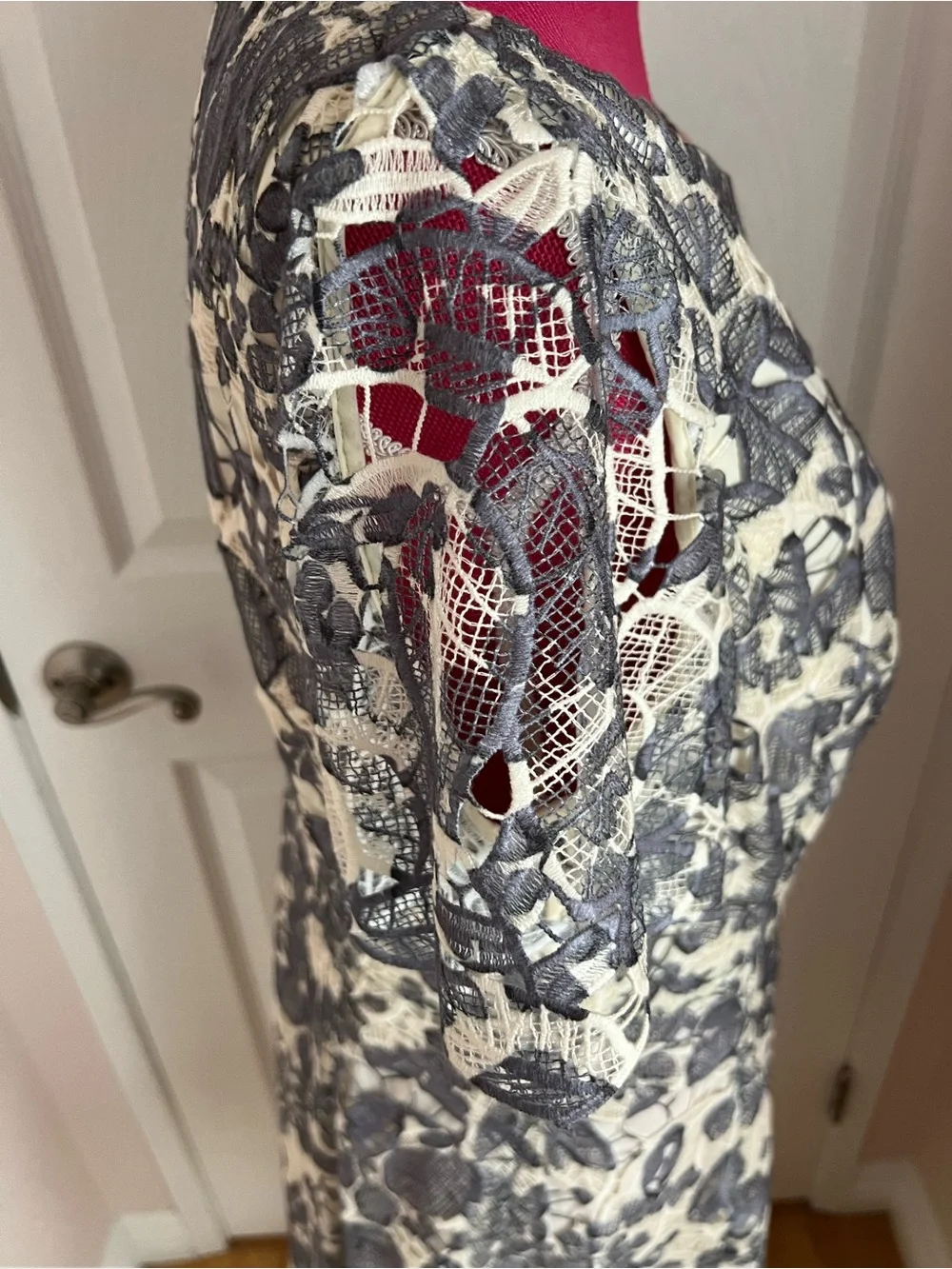 Tory Burch Floral Lace Overlay A-Line Dress - Cream & Gray